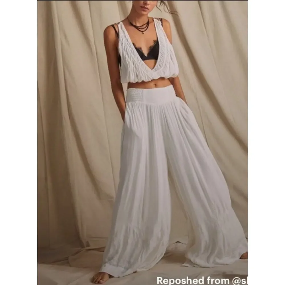 Free People Womens Ivory Angie's Cami & Wide Leg Embroidered Pants Set Sz Med